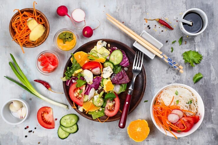 spicy glass noodles with vegetables carrots cucumber peppers garlic